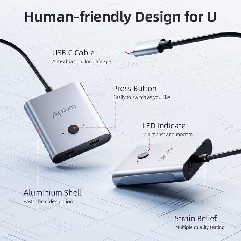 ALXUM مفتاح USB C ثنائي الاتجاه - 2 في 1 خارج/1 في 2 خارج، حاسوبان يشاركان شاشة واحدة، مفاتيح KVM تدعم فيديو 8K@60Hz ونقل بيانات 10Gbps، كابلات USB-C مشمولة - Image 5